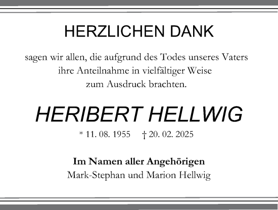 Traueranzeige von Heribert Hellwig von Lauterbacher Anzeiger