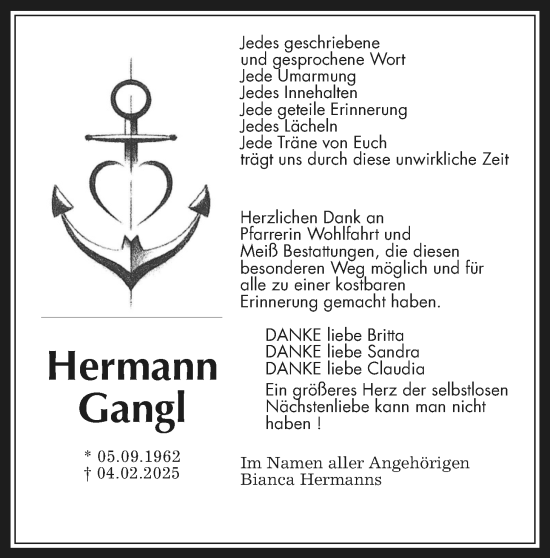 Traueranzeige von Hermann Gangl von Kreis-Anzeiger