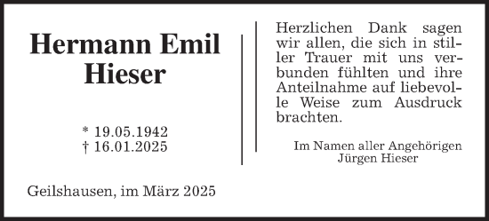 Traueranzeige von Hermann Emil Hieser von Giessener Allgemeine, Alsfelder Allgemeine, Giessener Anzeiger