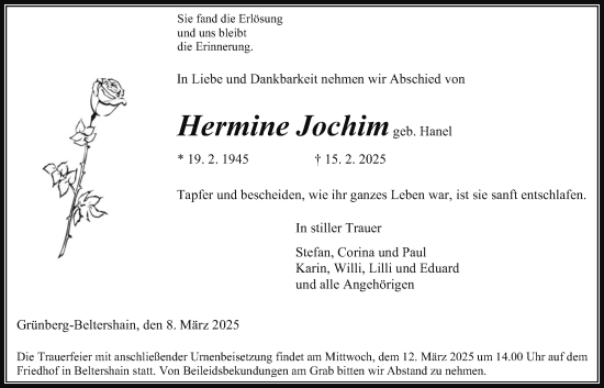 Traueranzeige von Hermine Jochim von Giessener Allgemeine, Alsfelder Allgemeine