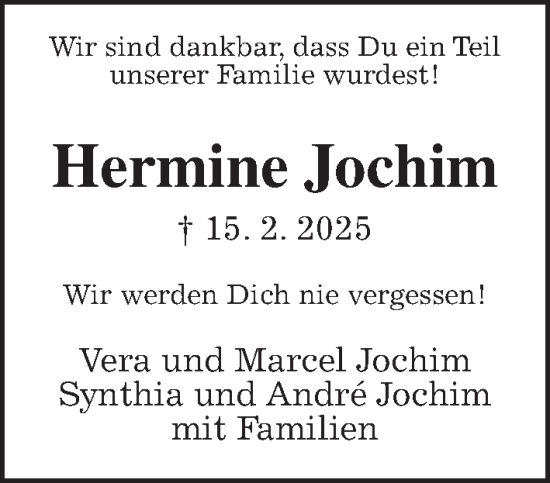 Traueranzeige von Hermine Jochim von Giessener Allgemeine, Giessener Anzeiger, Alsfelder Allgemeine