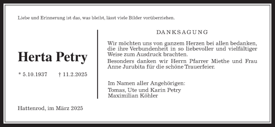 Traueranzeige von Herta Petry von Giessener Allgemeine, Alsfelder Allgemeine, Giessener Anzeiger