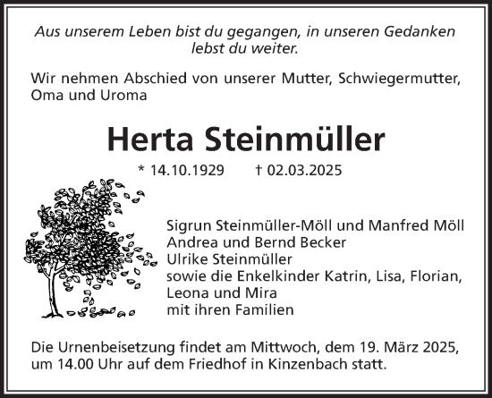Traueranzeige von Herta Steinmüller von Giessener Anzeiger, Giessener Allgemeine, Alsfelder Allgemeine