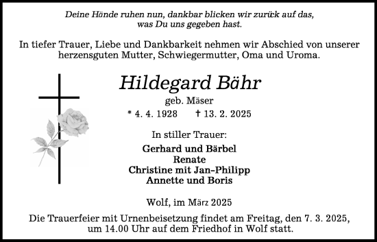 Traueranzeige von Hildegard Bähr von Kreis-Anzeiger