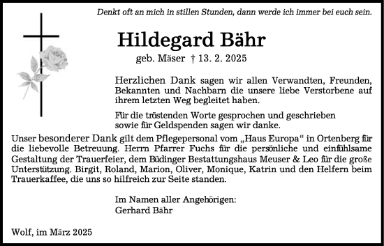 Traueranzeige von Hildegard Bähr von Kreis-Anzeiger