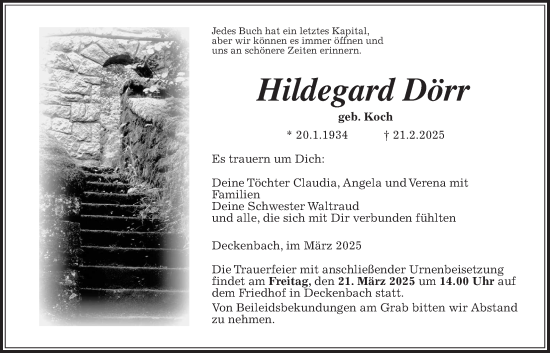 Traueranzeige von Hildegard Dörr von Giessener Allgemeine, Alsfelder Allgemeine