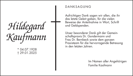 Traueranzeige von Hildegard Kaufmann von Wetterauer Zeitung