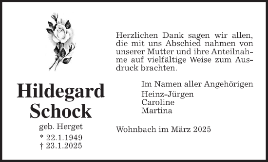 Traueranzeige von Hildegard Schock von Giessener Allgemeine, Alsfelder Allgemeine, Wetterauer Zeitung