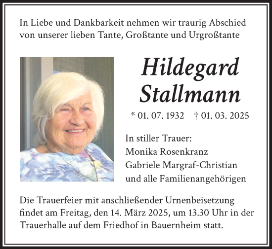 Traueranzeige von Hildegard Stallmann von Wetterauer Zeitung