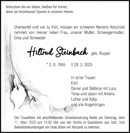 Traueranzeige von Hildegard Steinbach von Giessener Allgemeine, Alsfelder Allgemeine