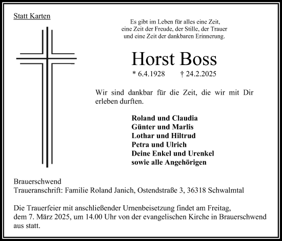 Traueranzeige von Horst Boss von Oberhessische Zeitung