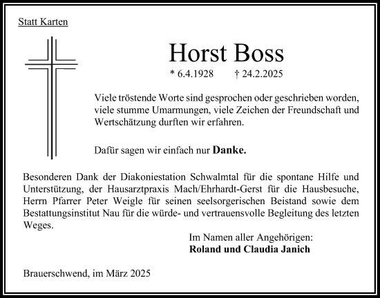 Traueranzeige von Horst Boss von Oberhessische Zeitung