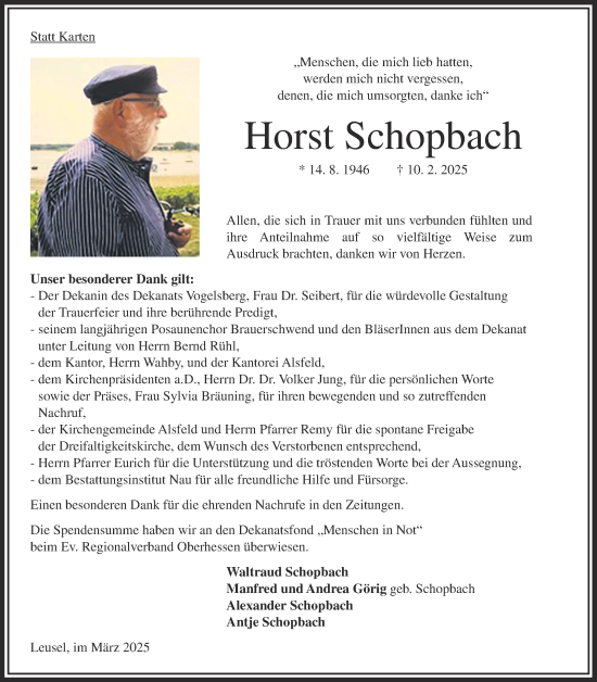 Traueranzeige von Horst Schopbach von Oberhessische Zeitung