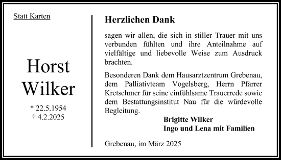 Traueranzeige von Horst Wilker von Oberhessische Zeitung