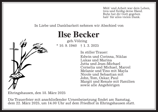 Traueranzeige von Ilse Becker von Oberhessische Zeitung