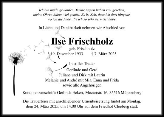 Traueranzeige von Ilse Frischholz von Butzbacher Zeitung