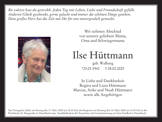Traueranzeige von Ilse Hüttmann von Usinger Anzeigenblatt