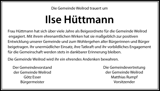Traueranzeige von Ilse Hüttmann von Usinger Anzeiger, Usinger Anzeigenblatt