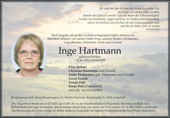 Traueranzeige von Inge Hartmann von Lauterbacher Anzeiger