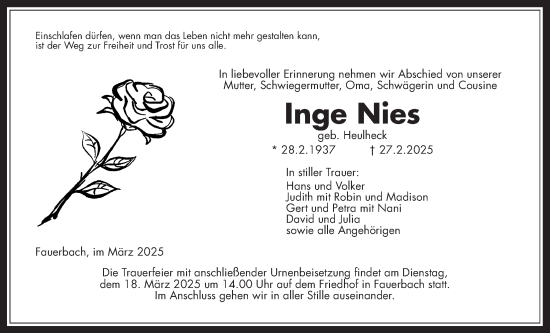 Traueranzeige von Inge Nies von Kreis-Anzeiger