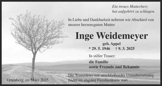 Traueranzeige von Inge Weidemeyer von Kreis-Anzeiger