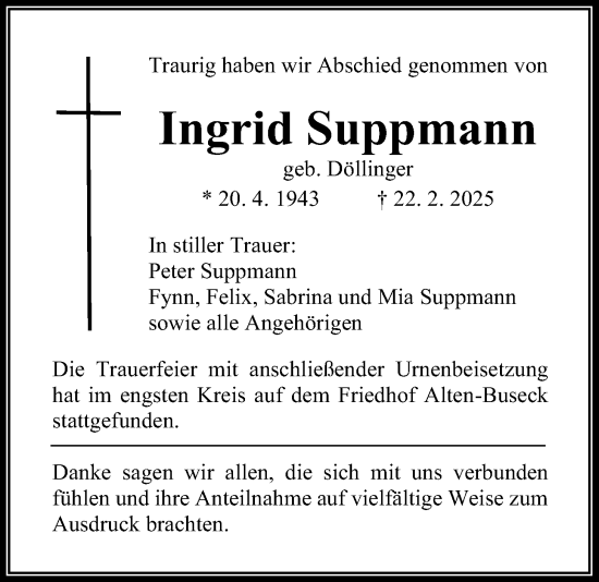 Traueranzeige von Ingrid Suppmann von Giessener Anzeiger