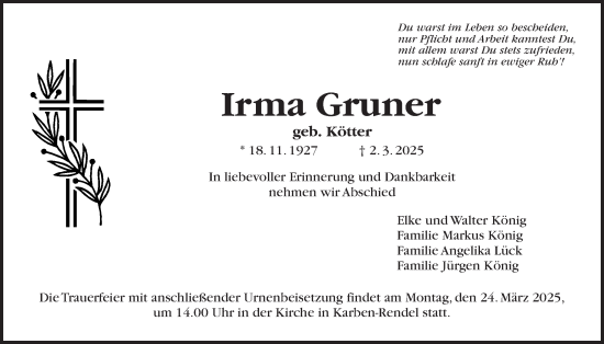 Traueranzeige von Irma Gruner von Bad Vilbel/Karben