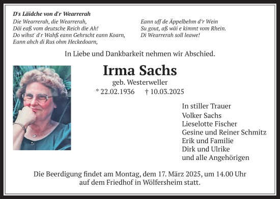 Traueranzeige von Irma Sachs von Wetterauer Zeitung