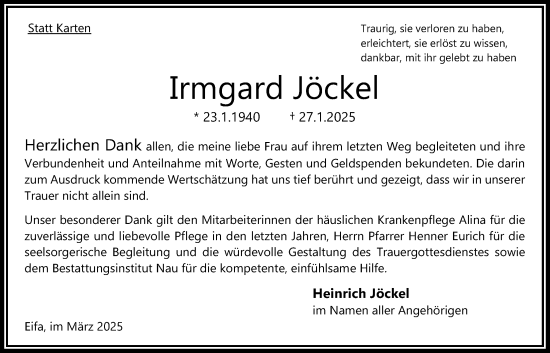 Traueranzeige von Irmgard Jöckel von Oberhessische Zeitung