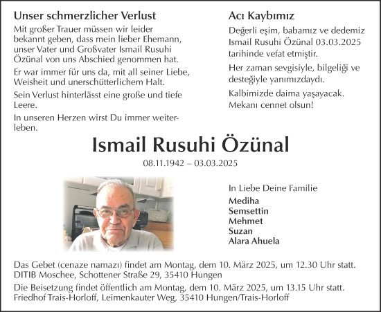 Traueranzeige von Ismail Rusuhi Özünal von Licher Wochenblatt