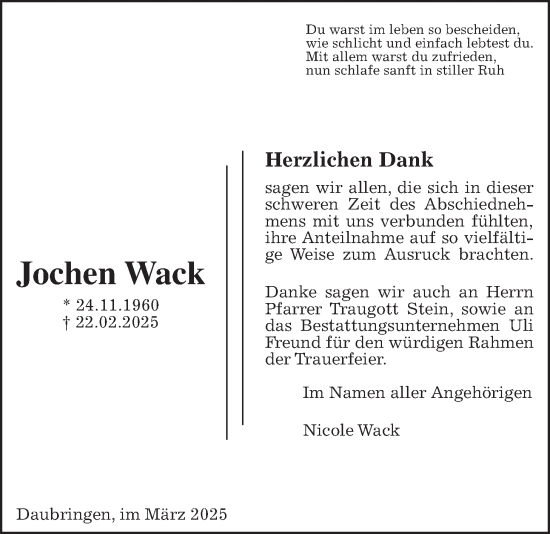 Traueranzeige von Jochen Wack von Giessener Allgemeine, Alsfelder Allgemeine