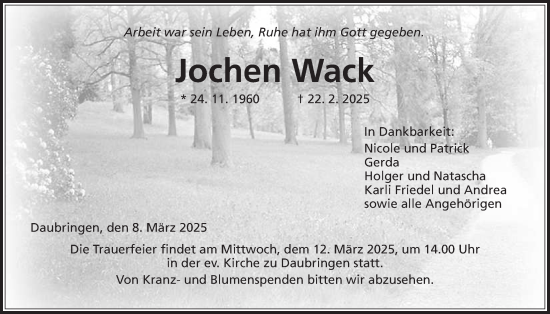 Traueranzeige von Jochen Wack von Giessener Allgemeine, Alsfelder Allgemeine