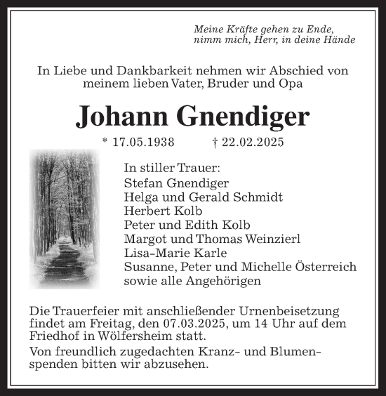 Traueranzeige von Johann Gnendiger von Wetterauer Zeitung