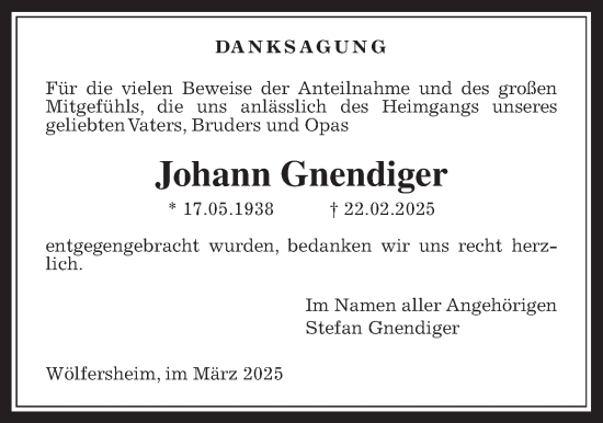 Traueranzeige von Johann Gnendiger von Wetterauer Zeitung