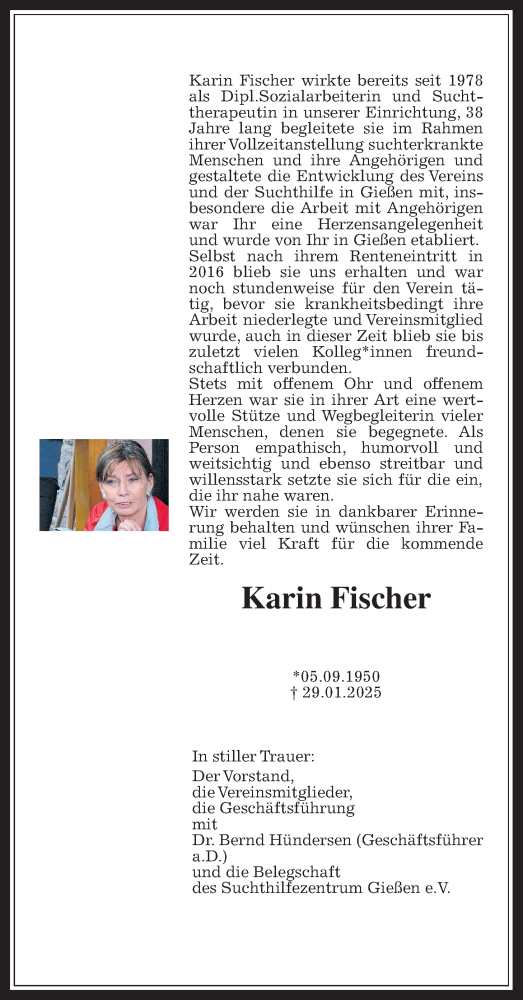 Traueranzeige von Karin Fischer von Giessener Anzeiger