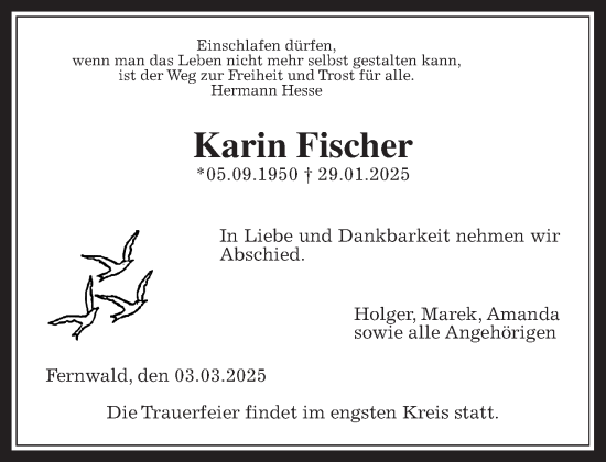 Traueranzeige von Karin Fischer von Giessener Anzeiger