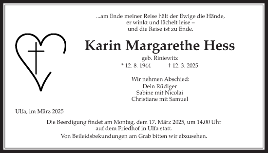 Traueranzeige von Karin Margarethe Hess von Kreis-Anzeiger