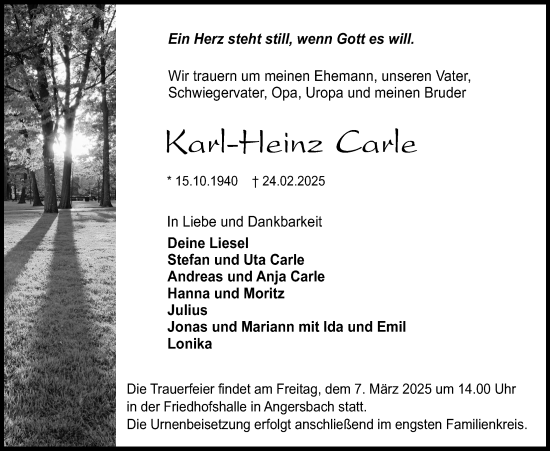 Traueranzeige von Karl-Heinz Carle von Lauterbacher Anzeiger