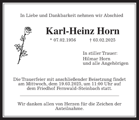 Traueranzeige von Karl-Heinz Horn von Giessener Allgemeine, Alsfelder Allgemeine