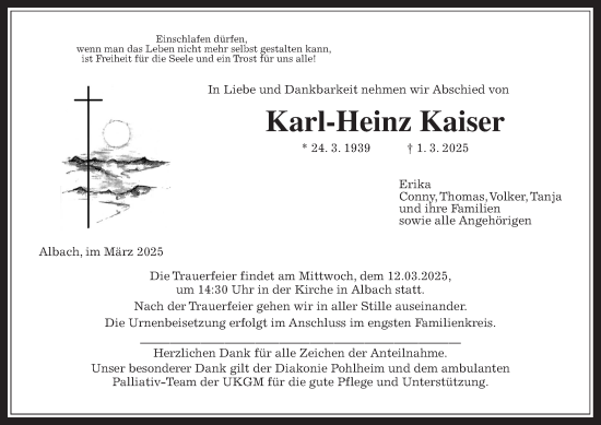 Traueranzeige von Karl-Heinz Kaiser von Giessener Allgemeine, Alsfelder Allgemeine, Giessener Anzeiger