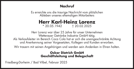 Traueranzeige von Karl-Heinz Lorenz von Wetterauer Zeitung, Kreis-Anzeiger
