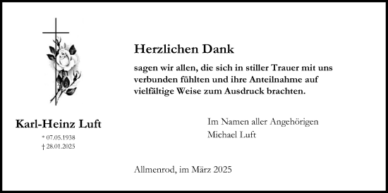 Traueranzeige von Karl-Heinz Luft von Lauterbacher Anzeiger