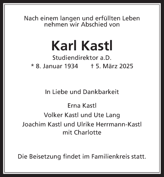 Traueranzeige von Karl Kastl von Usinger Anzeiger, Usinger Anzeigenblatt