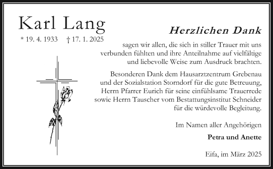 Traueranzeige von Karl Lang von Oberhessische Zeitung