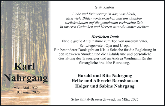 Traueranzeige von Karl Nahrgang von Oberhessische Zeitung