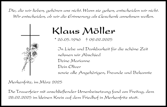 Traueranzeige von Klaus Möller von Kreis-Anzeiger
