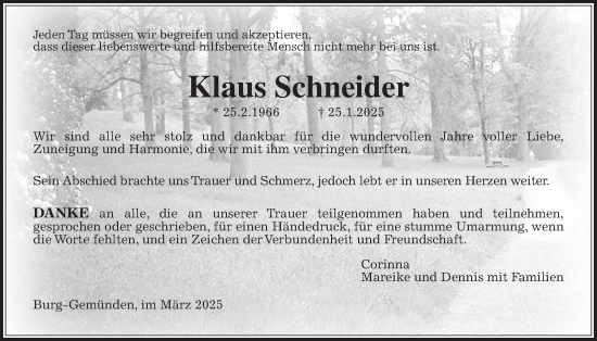 Traueranzeige von Klaus Schneider von Alsfelder Allgemeine, Oberhessische Zeitung