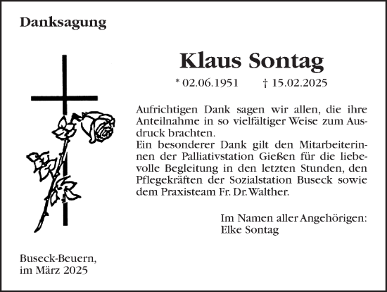 Traueranzeige von Klaus Sontag von Giessener Allgemeine, Alsfelder Allgemeine