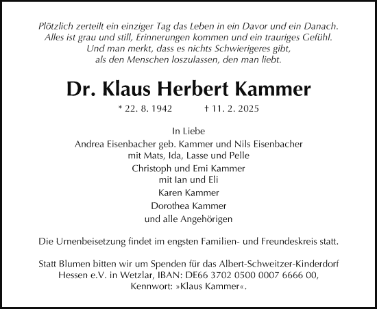 Traueranzeige von Klaus Herbert Kammer von Giessener Allgemeine, Alsfelder Allgemeine