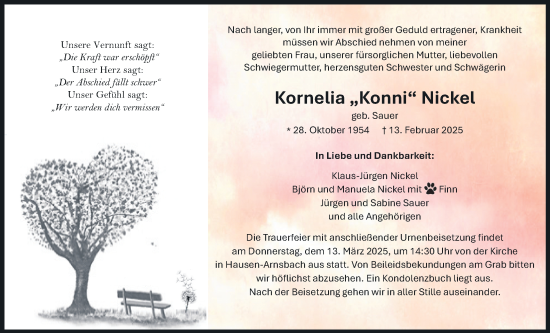 Traueranzeige von Kornelia Nickel von Usinger Anzeiger, Usinger Anzeigenblatt